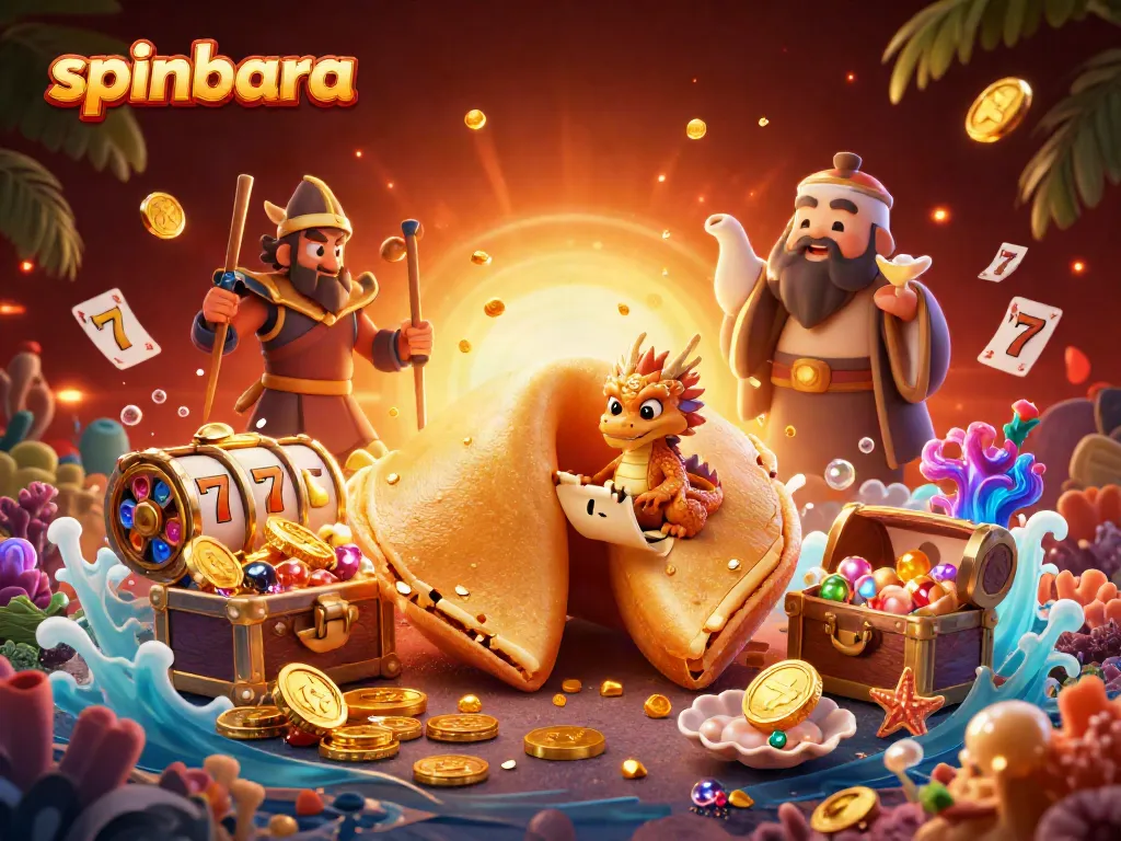 Spinbara's dynamic casino scene features a wise dragon and fortune cookie among gaming symbols for players.