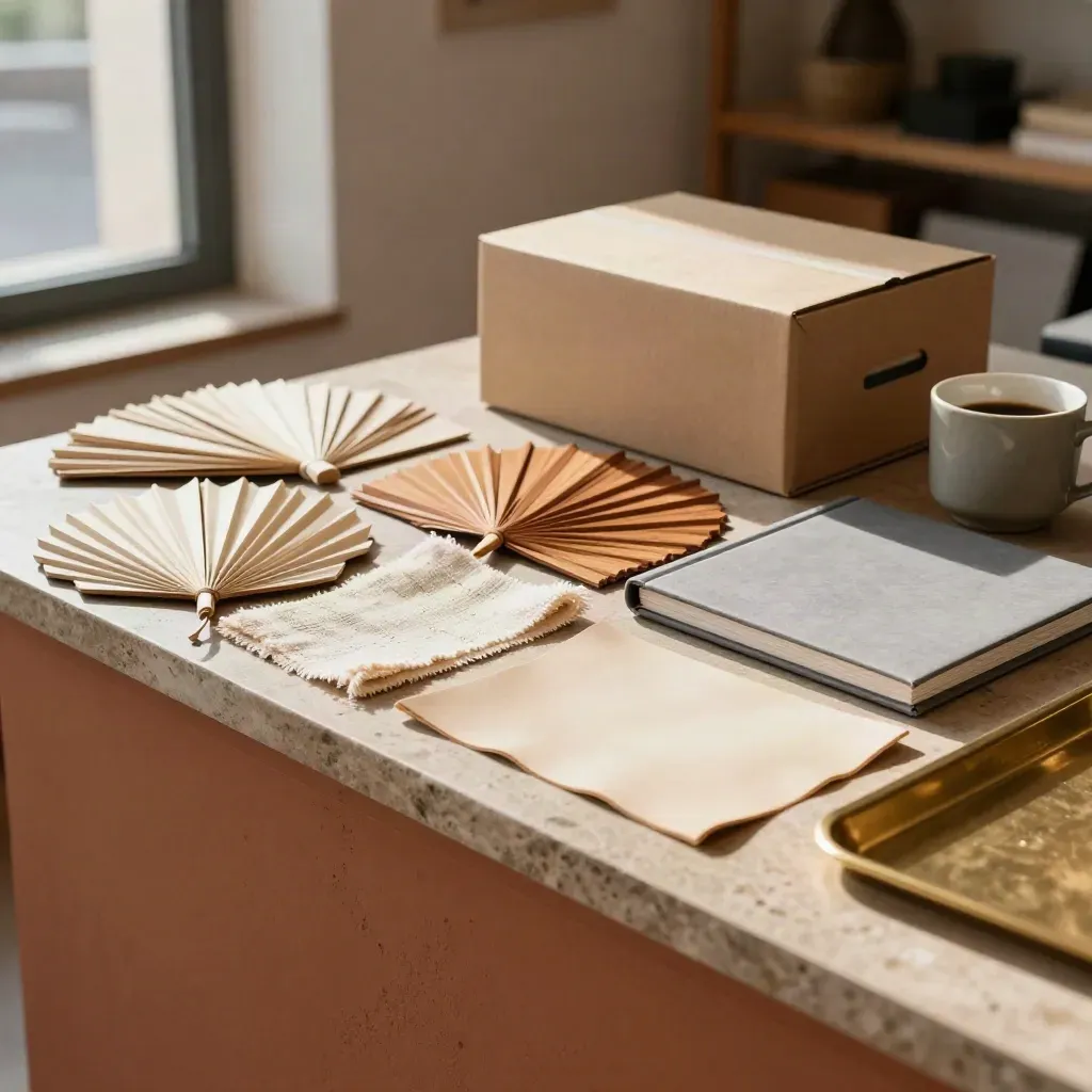 Mostrador de pyme con muestras, caja de envío y carpeta cerrada bajo luz cálida.