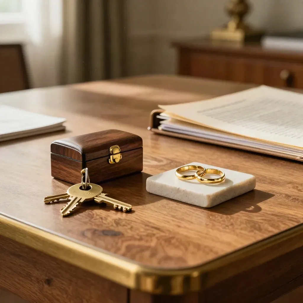 Mesa de notaría con llaves, caja de madera, anillos finos y archivador en sala vacía.